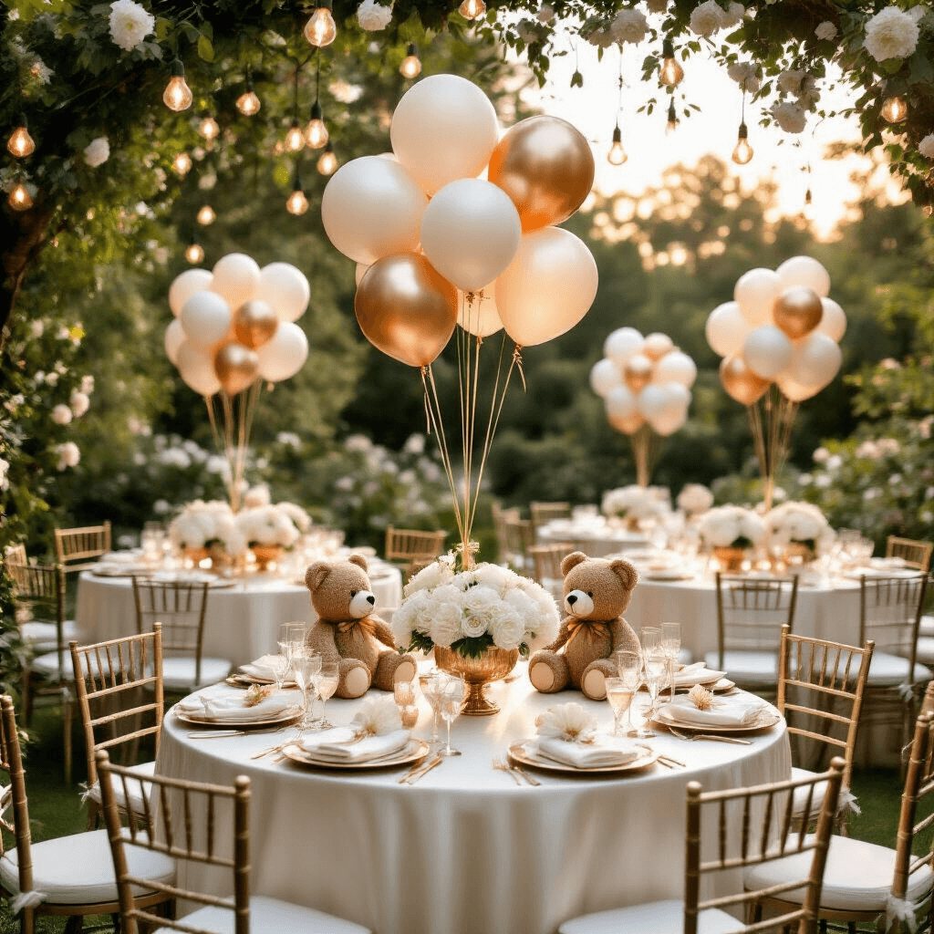 Bear with Balloons: Everything I've Learned About Creating These Adorable Decorations A wide-angle view of an elegant garden party baby shower during golden hour, featuring round tables with ivory silk linens, teddy bear balloon centerpieces, and floral arrangements of white peonies and blush roses in vintage brass compotes, all under a canopy of market lights.