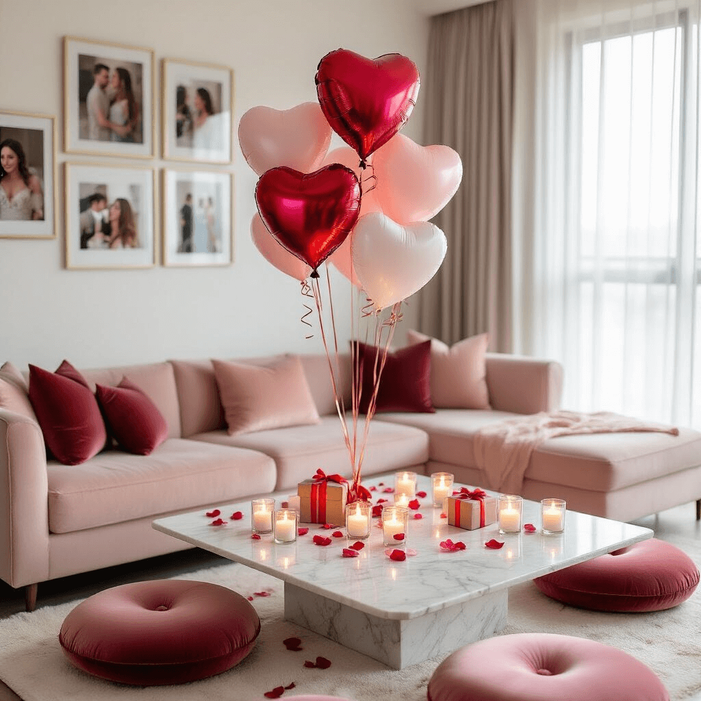Red Heart Balloons: Everything You Need to Know About These Party Essentials Overhead view of a modern living room celebrating an anniversary, featuring a marble coffee table with heart-shaped foil balloons, LED tea light candles, silk flower petals, and gift boxes, surrounded by blush pink cushions, with a gallery wall of photos and soft morning light filtering through sheer curtains.