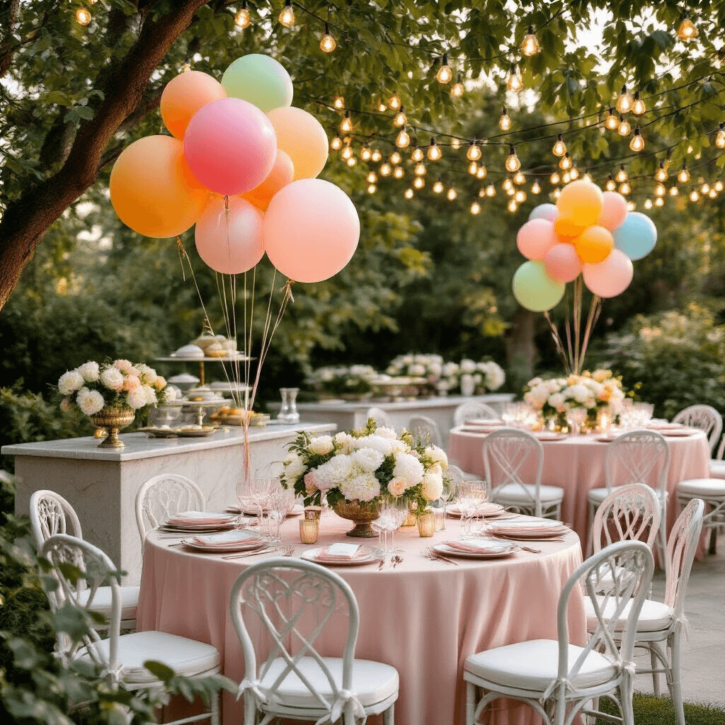 Colorful Balloons That'll Make Your Next Party Absolutely Unforgettable A sophisticated garden party setup during golden hour featuring blush pink silk linens on round tables, clusters of sorbet mix latex balloons tied to vintage white garden chairs, lush white peony and eucalyptus centerpieces in mercury glass vases, string lights overhead, marble-topped serving stations, and a romantic atmosphere enhanced by soft natural lighting and sheer ivory drapery.
