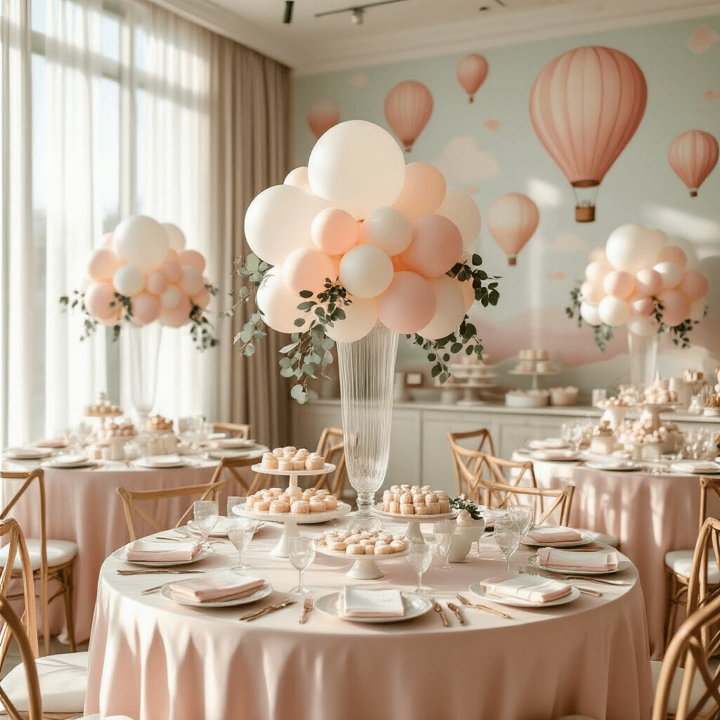 Balloon Wallpaper: Everything You Need to Transform Your Space Without Regrets Elegant nursery baby shower in a sunlit modern apartment, featuring round tables with blush pink silk linens, towering balloon centerpieces, vintage hot air balloon wallpaper, a dessert cart with macarons, sheer ivory drapery, cream velvet chairs, and fairy lights, all creating a sophisticated atmosphere.