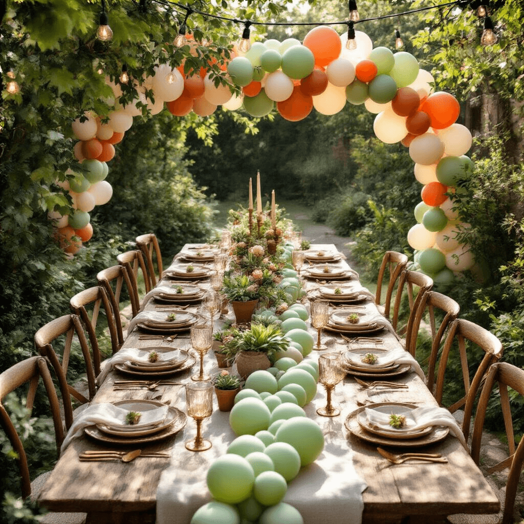 Linking Balloons: Everything You Need to Know About Creating Stunning Balloon Displays An intimate garden party setup with rustic wooden farm tables adorned with intricate balloon table runners in sage green, terracotta, and ivory, featuring ceramic dinnerware, copper flatware, vintage brass candlesticks, and potted succulents, all illuminated by soft morning light and complemented by overhead string lights and balloon arches with fresh florals.