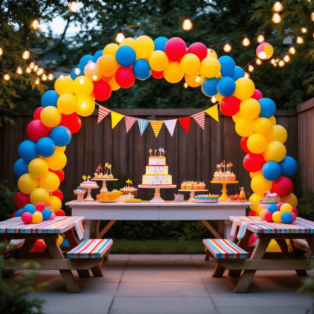 Linking Balloons: Everything You Need to Know About Creating Stunning Balloon Displays A vibrant backyard birthday celebration featuring colorful balloon arches, a custom dessert table, string lights, and festive picnic tables adorned with rainbow-striped linens and balloon centerpieces, all set during a whimsical evening.