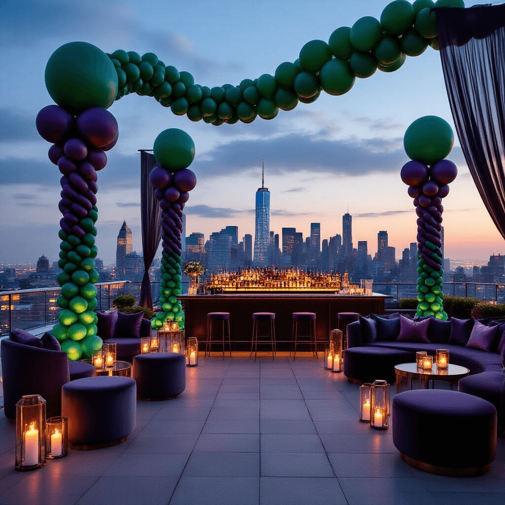 Linking Balloons: Everything You Need to Know About Creating Stunning Balloon Displays A sophisticated rooftop terrace celebration at dusk, featuring dramatic balloon installations in jewel tones, a modern bar, intimate seating areas with plush cushions, and flickering candlelight, set against a city skyline.
