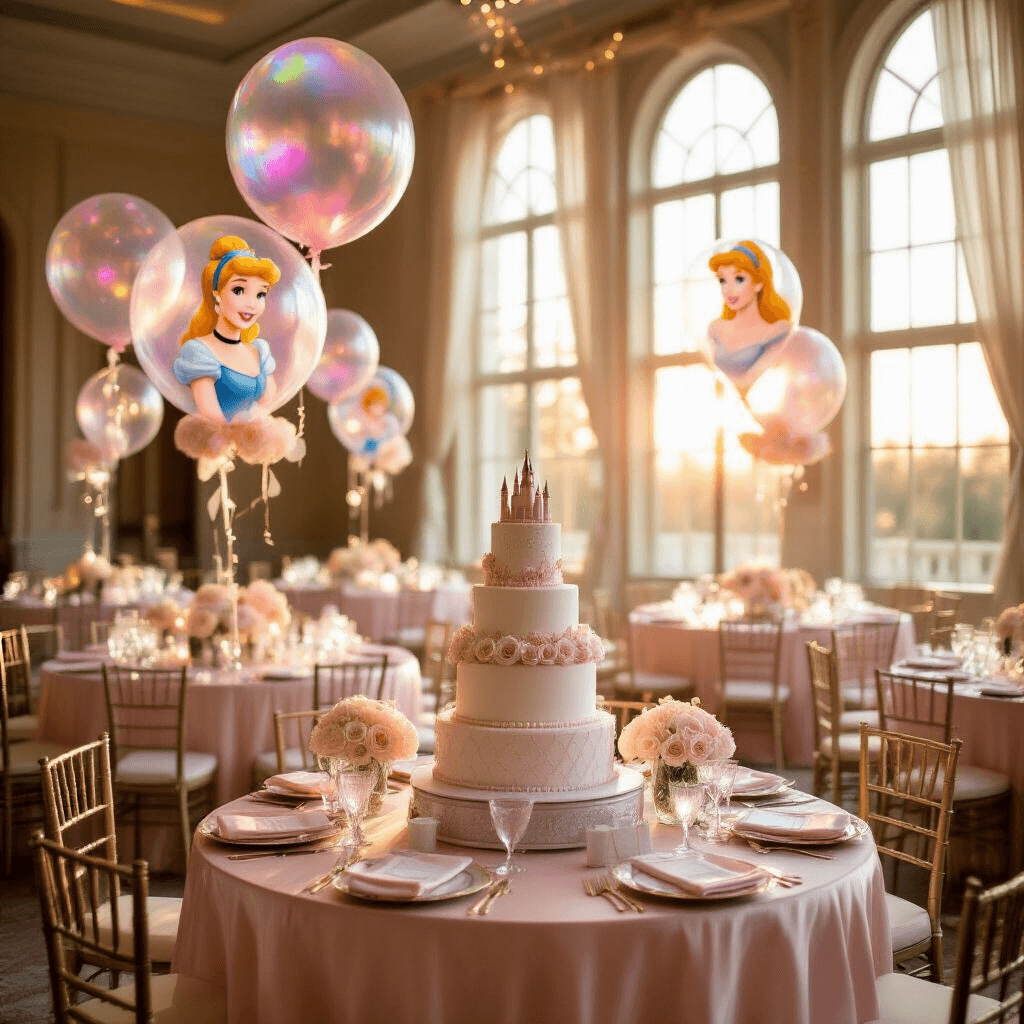 Disney Balloons: The Complete Guide to Magical Party Decorations That Won't Break the Bank A beautifully decorated indoor ballroom for a Disney Princess birthday party, featuring round tables with blush pink silk linens, pale pink roses and white peonies centerpieces, oversized character balloons of Cinderella, Belle, and Ariel, a three-tiered cake on a dessert cart, fairy lights in sheer drapery, and elegant gold-rimmed place settings with tiara party favors.