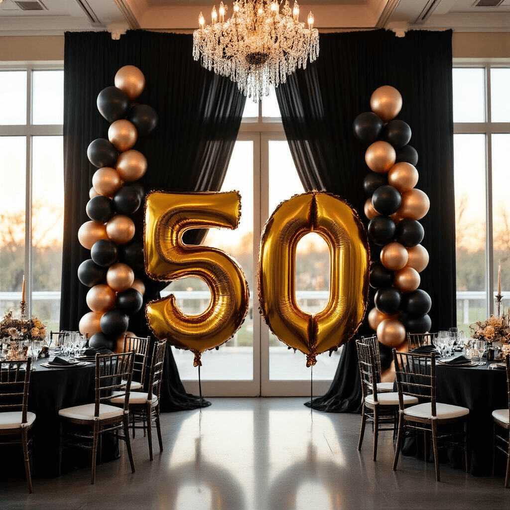50th Birthday Balloon Decorations That'll Make You Want to Turn 50 Again Elegant indoor ballroom set for a sophisticated 50th birthday celebration, featuring tall black and gold balloon decorations, shimmering round tables with gold-rimmed glassware, crystal chandeliers casting warm light, and black velvet lounge seating accented with gold pillows.