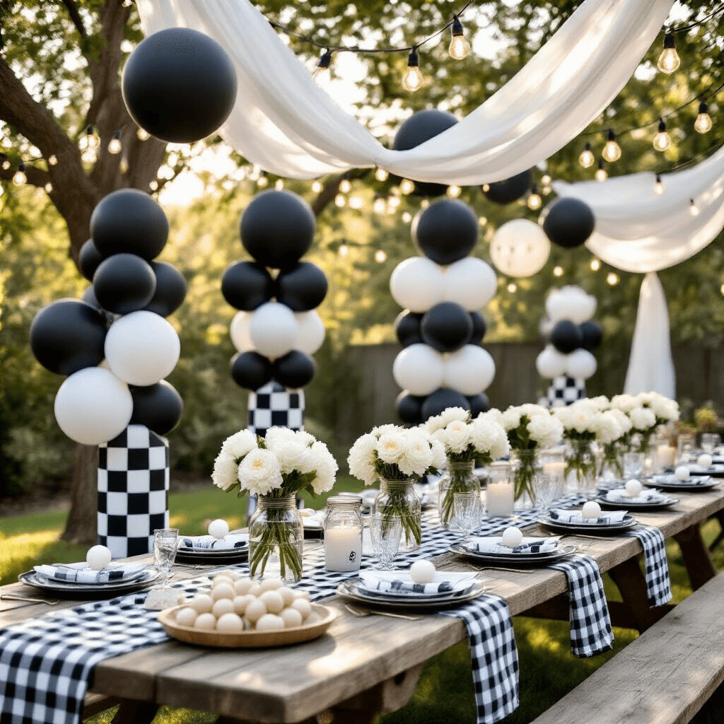 50th Birthday Balloon Decorations That'll Make You Want to Turn 50 Again Close-up of a stylish backyard party setup with checkered balloon columns, a rustic picnic table adorned with linens and white peonies, and overhead string lights creating a charming morning atmosphere.