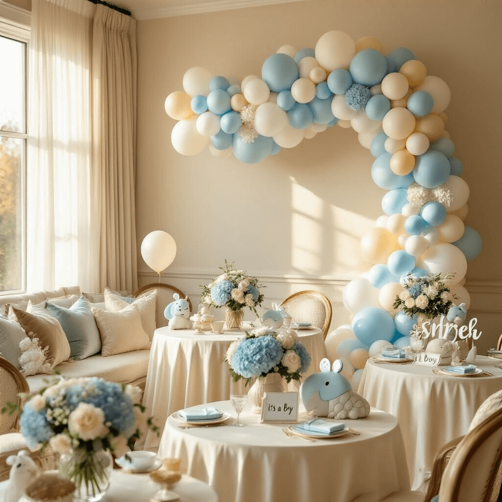 "It's a Boy" Balloons: Everything You Need to Know Before Your Baby Shower A beautifully decorated indoor baby shower scene with a pastel balloon garland, cream silk tablecloths, blue hydrangea centerpieces, and soft sunlight illuminating the space, creating an intimate and sophisticated atmosphere.
