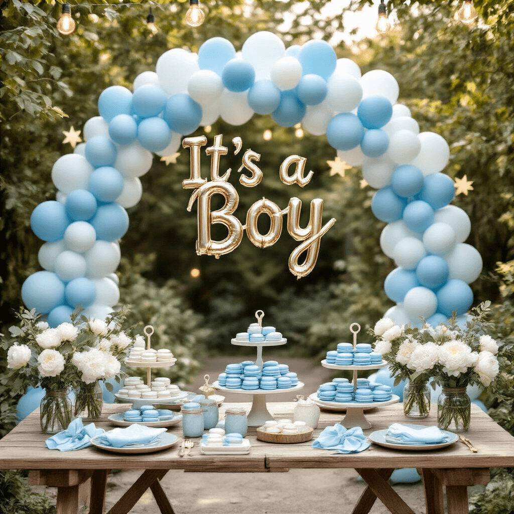 "It's a Boy" Balloons: Everything You Need to Know Before Your Baby Shower An overhead flat lay of a whimsical outdoor garden baby shower setup featuring rustic wooden tables adorned with tiered cake stands of blue and white macarons, sage green plates, and dusty blue napkins tied with twine. A balloon arch spelling 'It's a Boy' in coordinating blues frames the scene, complemented by organic centerpieces of white peonies and eucalyptus in mason jars. String lights and natural shadows from tree branches create a dreamy atmosphere.