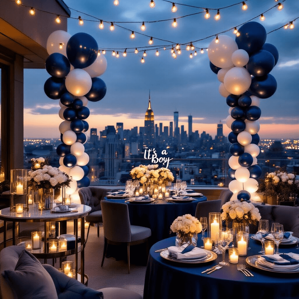 "It's a Boy" Balloons: Everything You Need to Know Before Your Baby Shower A luxurious rooftop terrace baby shower featuring elegant round tables with navy silk linens, tall glass vases of white flowers, and pillar candles, surrounded by dramatic balloon columns and a stunning city skyline. Sophisticated 'It's a Boy' balloons float above a marble dessert cart, illuminated by fairy lights and complemented by sleek gray furniture and intimate seating areas. Personalized favor boxes await guests at each place setting, all under a warm, moody candlelit ambiance.