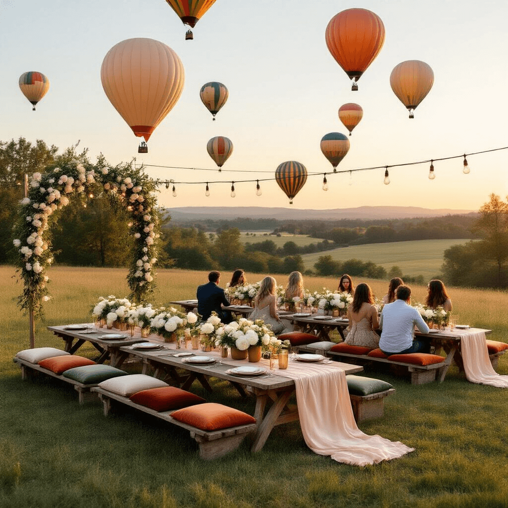 How to Photograph Hot Air Balloons Like a Pro (Even If You're Not One) An elegant outdoor balloon festival setup during golden hour, featuring rustic wooden tables with cream and blush table runners, brass lanterns, and floral arrangements, surrounded by guests on velvet cushions, with colorful hot air balloons floating above and twinkling string lights creating a warm, inviting atmosphere.