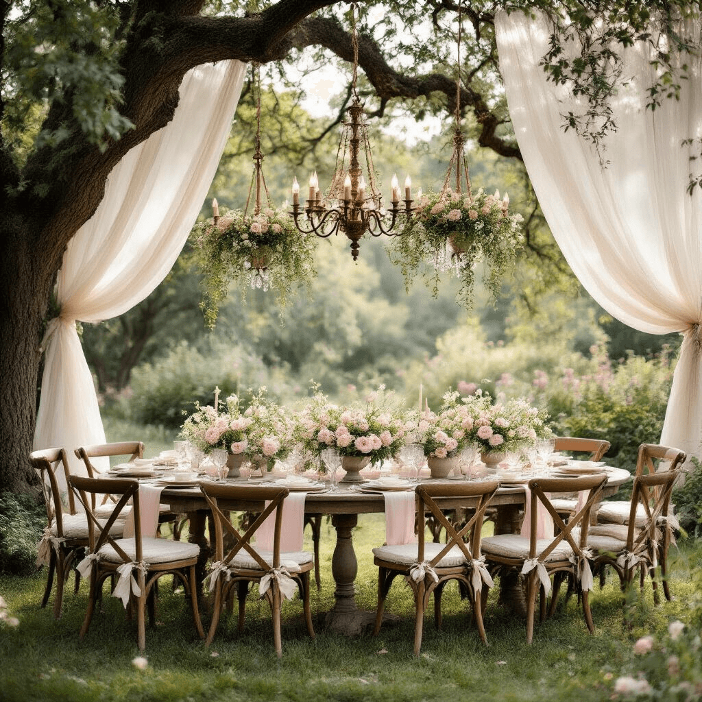 How to Photograph Hot Air Balloons Like a Pro (Even If You're Not One) A whimsical garden party scene with vintage wooden farm tables under ancient oak trees, adorned with sheer white drapery, mason jar chandeliers, and a romantic palette of blush pink, cream, and sage green, featuring mismatched chairs, floral arrangements, and hot air balloons overhead.