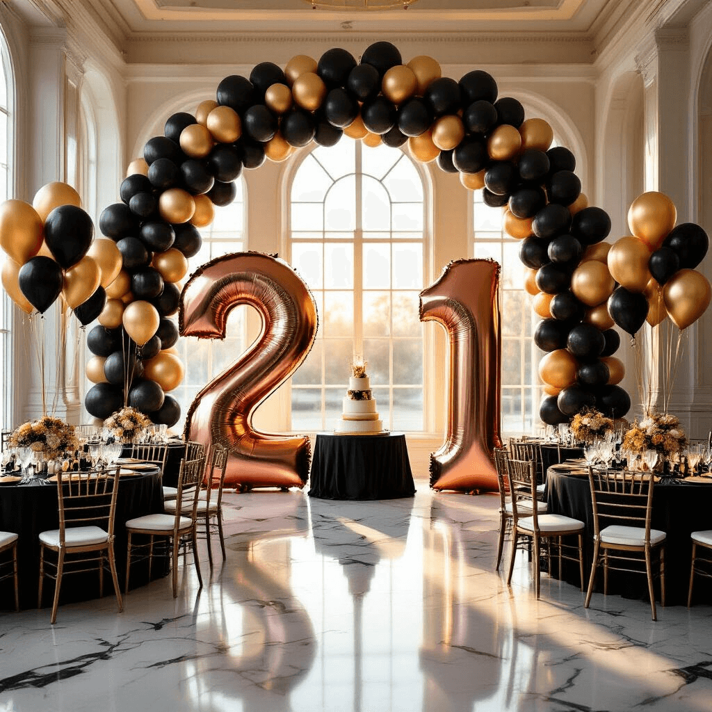 21st Birthday Balloons That'll Make Your Celebration Actually Instagram-Worthy Photorealistic wide-angle view of an elegant indoor ballroom adorned for a 21st birthday, featuring large rose gold mylar number balloons '2' and '1', a black and gold balloon arch, round tables with black silk linens and gold charger plates, and warm golden hour lighting illuminating crystal glassware and luxurious decor, as guests mingle around gold candelabras and white roses on the marble floor.