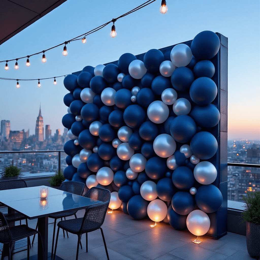 Wedding Balloons: The Ultimate Guide to Elegant Balloon Décor That Won't Make Your Reception Look Like a Kid's Party Close-up shot of a modern rooftop terrace featuring a geometric balloon wall in navy to pale blue gradient, accented with pearl grey. The scene is illuminated with hidden LED lights, showcasing sleek glass tables and metal chairs against a city skyline at blue hour, with fairy lights overhead and organic silver silk ribbons adding visual depth.