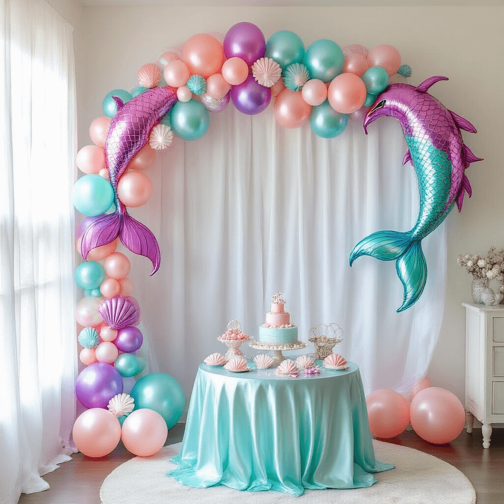 Mermaid Balloons: Everything You Need to Know About Creating an Underwater Paradise A whimsical birthday party setup in a bright living room featuring a large mermaid balloon garland in pink, purple, and turquoise, soft morning light filtering through sheer curtains, and a round aqua silk table decorated with seashell balloon weights and tissue paper coral, creating an enchanting underwater atmosphere.