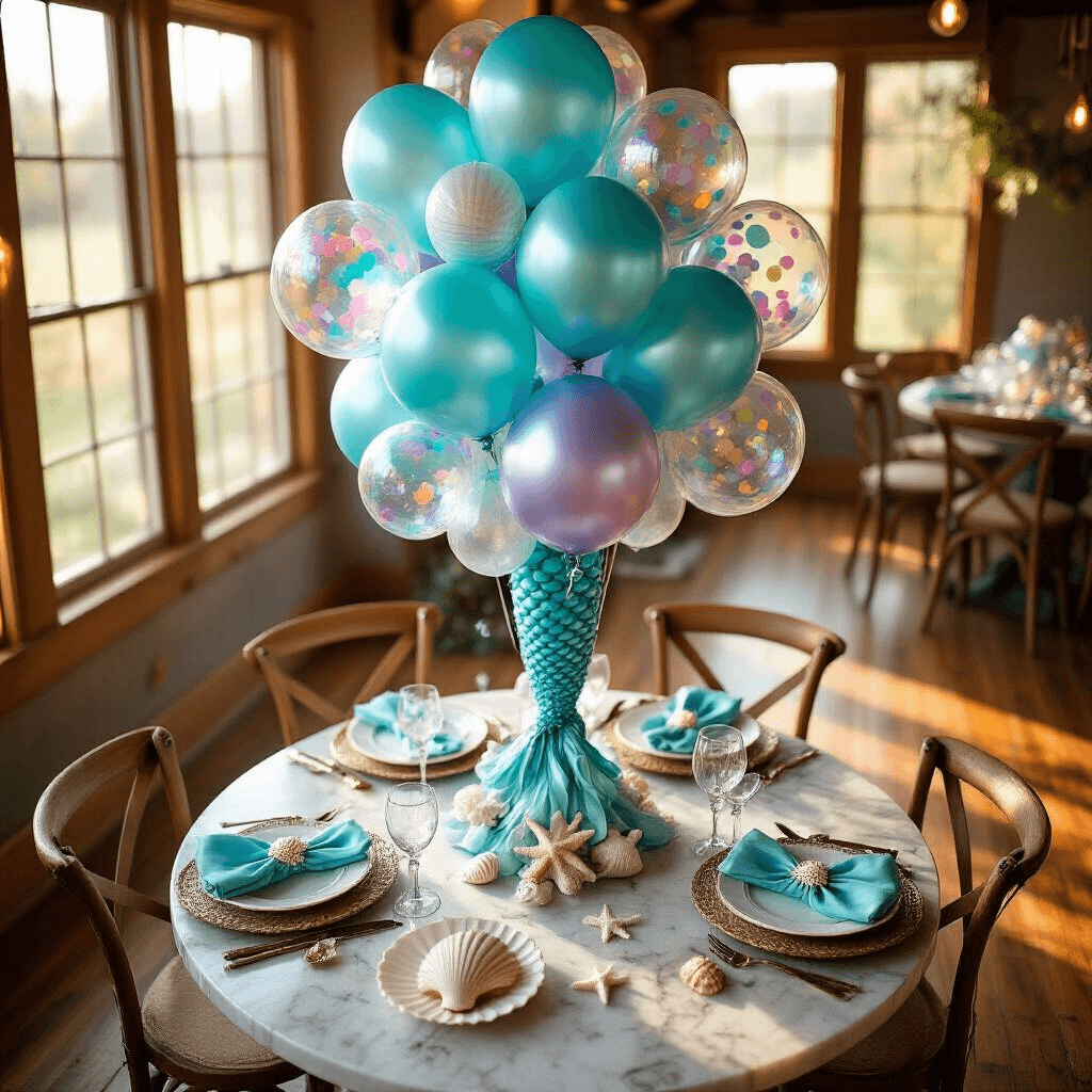 Mermaid Balloons: Everything You Need to Know About Creating an Underwater Paradise An intimate mermaid-themed celebration setup in a cozy dining nook, featuring mermaid tail foil balloons, bubble balloons with confetti, and elegant table decor in ocean hues, all illuminated by soft golden hour light.