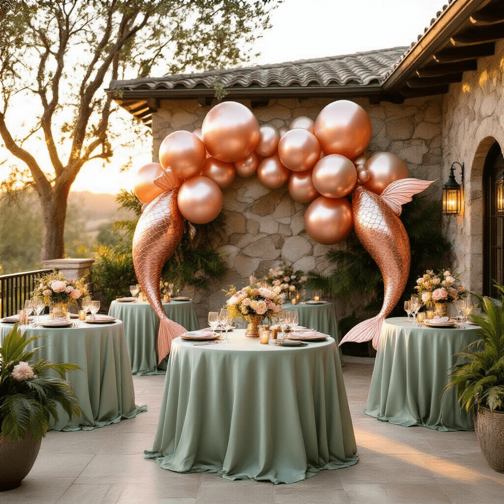 Mermaid Balloons: Everything You Need to Know About Creating an Underwater Paradise A sophisticated outdoor mermaid party setup on a covered patio during golden hour, featuring rose gold and pearl foil balloons, round tables with sage green linens, coordinating balloon bouquets, and warm sunset lighting creating a romantic atmosphere against natural stone walls and lush greenery.