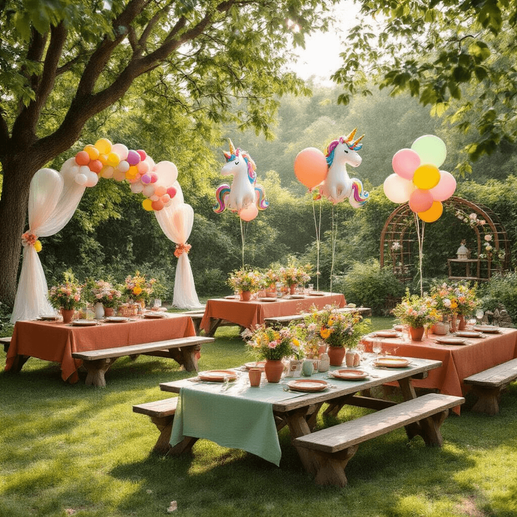 Helium Balloons for Birthday Celebrations: Your Complete Guide to Party-Perfect Floating Fun A whimsical garden birthday party setup with low picnic tables covered in terracotta and sage green linens, adorned with character foil balloon bouquets, rustic wooden centerpieces of wildflowers, colorful latex balloon arches, ceramic plates, vintage glassware, DIY balloon garlands, and pastel balloon clusters, all captured in soft morning light.