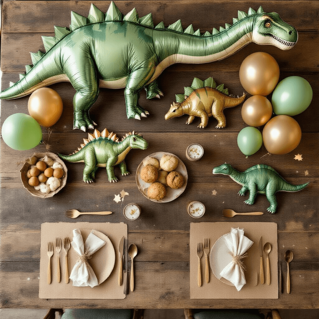 Dinosaur Balloons That'll Make Your Party Roar (Without the Mess) Overhead view of a dinosaur-themed children's party table set in soft morning light, featuring foil dinosaur balloons, coordinating latex balloons, kraft paper place mats, wooden utensils, ceramic plates, and natural centerpieces of eucalyptus and succulents on a rustic wood table.