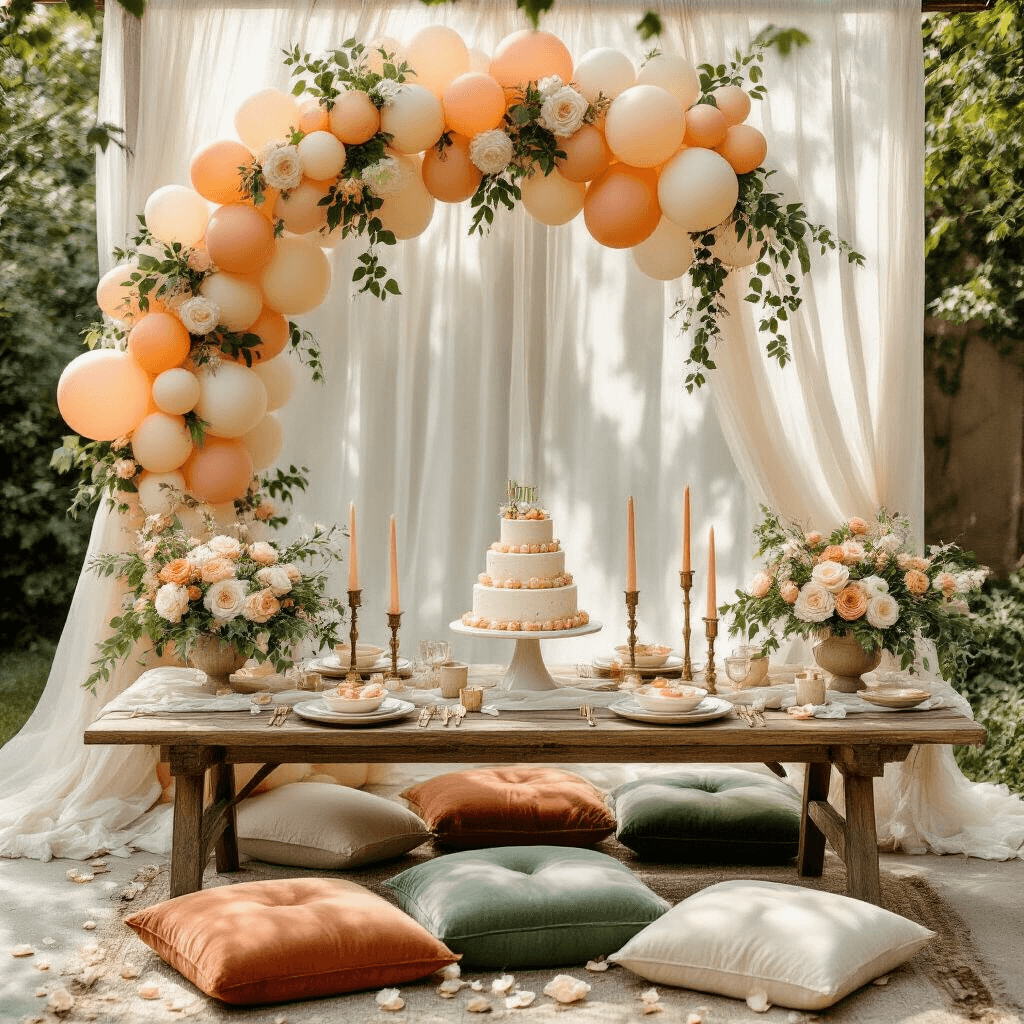 Bride-to-Be Balloons: Everything You Need to Know Before Your Big Celebration An overhead flat lay of a bridal shower garden setup featuring a low picnic-style table with sage green velvet and terracotta linen cushions, an organic balloon arch with peach, cream, soft yellow, and ivory balloons, a three-tiered cake on marble platters, gold balloon weights, ceramic dinnerware, brass candlesticks, scattered rose petals, and sheer ivory drapery filtering sunlight through mature trees.