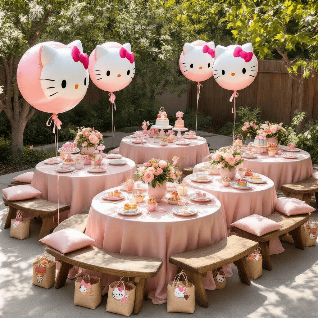 Hello Kitty Balloons: Everything You Need to Transform Your Party Into Kawaii Heaven A beautifully arranged backyard party featuring a flat lay of stylish picnic tables draped in blush pink silk linens, adorned with large Hello Kitty balloon centerpieces, rustic wooden benches, and kawaii-themed treats on marble cake stands, all illuminated by soft morning light.