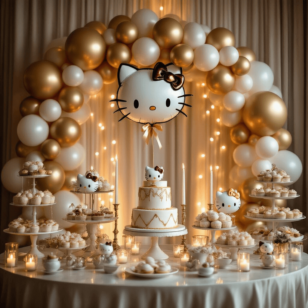 Hello Kitty Balloons: Everything You Need to Transform Your Party Into Kawaii Heaven A close-up view of an elegant ballroom corner with a candlelit atmosphere, featuring a Hello Kitty balloon backdrop in gold and ivory, intertwined fairy lights, dessert carts with themed confections, and luxurious decorative details.