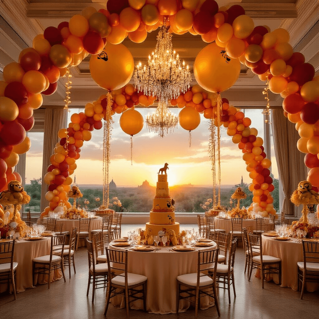 Why Lion King Balloons Turn Any Party Into Pride Rock (And How to Use Them Without Looking Like an Amateur) Elegant ballroom decorated for a Lion King-themed celebration, featuring cascading balloon garlands in sunset hues, luxurious table settings with towering Simba balloons, intricate balloon arches, and warm fairy lights creating a magical atmosphere.