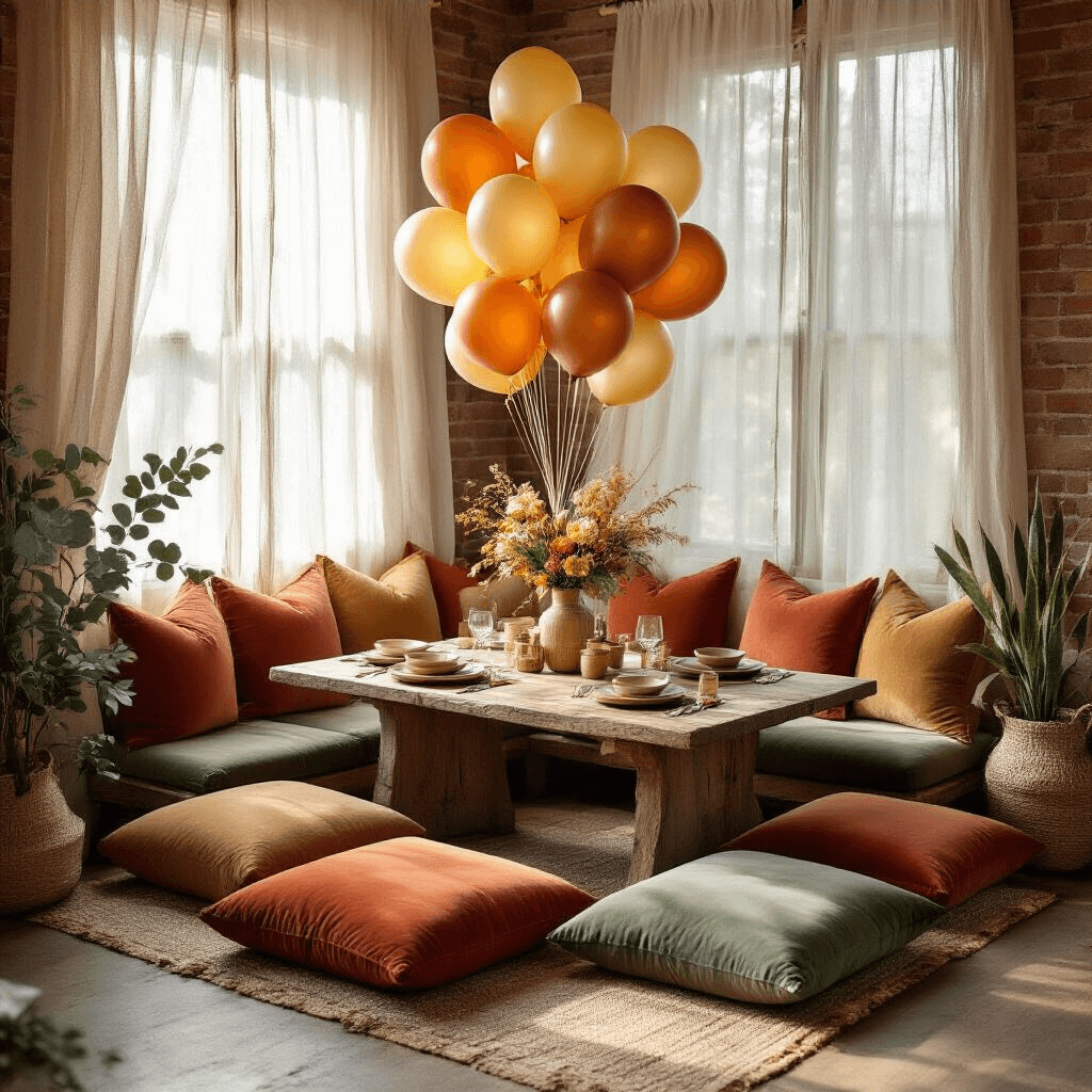 Why Lion King Balloons Turn Any Party Into Pride Rock (And How to Use Them Without Looking Like an Amateur) A cozy dining nook with rustic wood table and floor cushions in terracotta and sage, adorned with a vibrant balloon bouquet featuring Lion King mylar and earthy latex balloons, set against soft morning light and layered textiles.