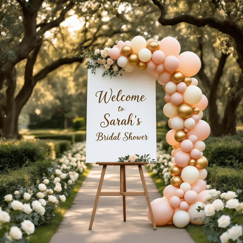 Welcome Sign with Balloon Garland: Your Complete Guide to Creating Show-Stopping Party Entrances Wide-angle shot of an elegant garden party entrance featuring a sophisticated welcome sign on a wooden easel, adorned with a cascading balloon garland in soft blush pink, champagne gold, and ivory tones, surrounded by white garden roses and eucalyptus on a manicured lawn, illuminated by golden hour sunlight filtering through oak trees, creating a romantic atmosphere with fluttering silk ribbons and twinkling fairy lights.