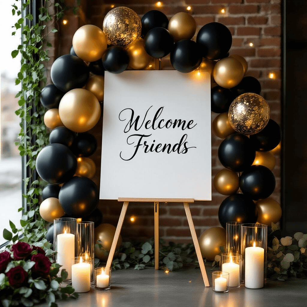 Welcome Sign with Balloon Garland: Your Complete Guide to Creating Show-Stopping Party Entrances Close-up of an elegant dinner party welcome display featuring a black and gold balloon garland, a calligraphy sign reading 'Welcome Friends', and soft candlelight in a modern apartment entryway with exposed brick walls and trailing ivy.