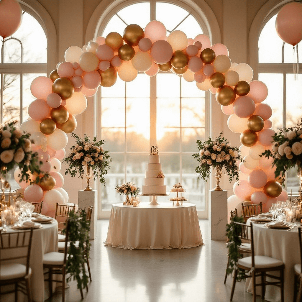 Balloon Decoration Styles That'll Make Your Birthday Party Absolutely Unforgettable A wide-angle view of an elegant indoor ballroom during golden hour, featuring a blush pink and cream organic balloon arch, round tables with silk ivory linens, balloon garlands, a three-tier birthday cake display, and glowing LED fairy lights, all set in a luxurious atmosphere with natural light streaming through tall windows.