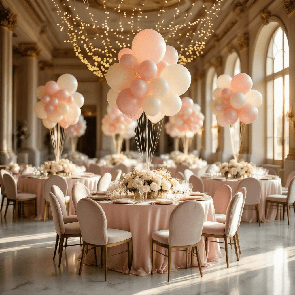 Balloon Illustrations: Your Complete Guide to Finding the Perfect Digital Designs Elegant birthday celebration in a sunlit ballroom with blush pink tables and cream velvet chairs, featuring pastel balloon centerpieces, cascading fairy lights, and luxurious decor.