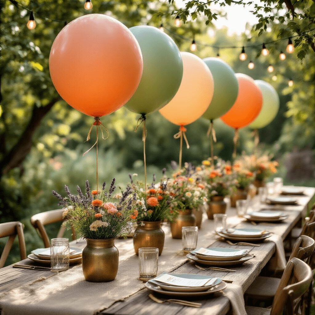 15 Balloons: Everything You Need to Know About Picking, Styling, and Celebrating With These Party Essentials A whimsical garden party setup featuring oversized balloons as centerpieces on rustic wooden tables, adorned with wildflowers in vintage brass planters, hemp runners, and ceramic dinnerware, under a canopy of string lights, with dappled sunlight filtering through tree branches.
