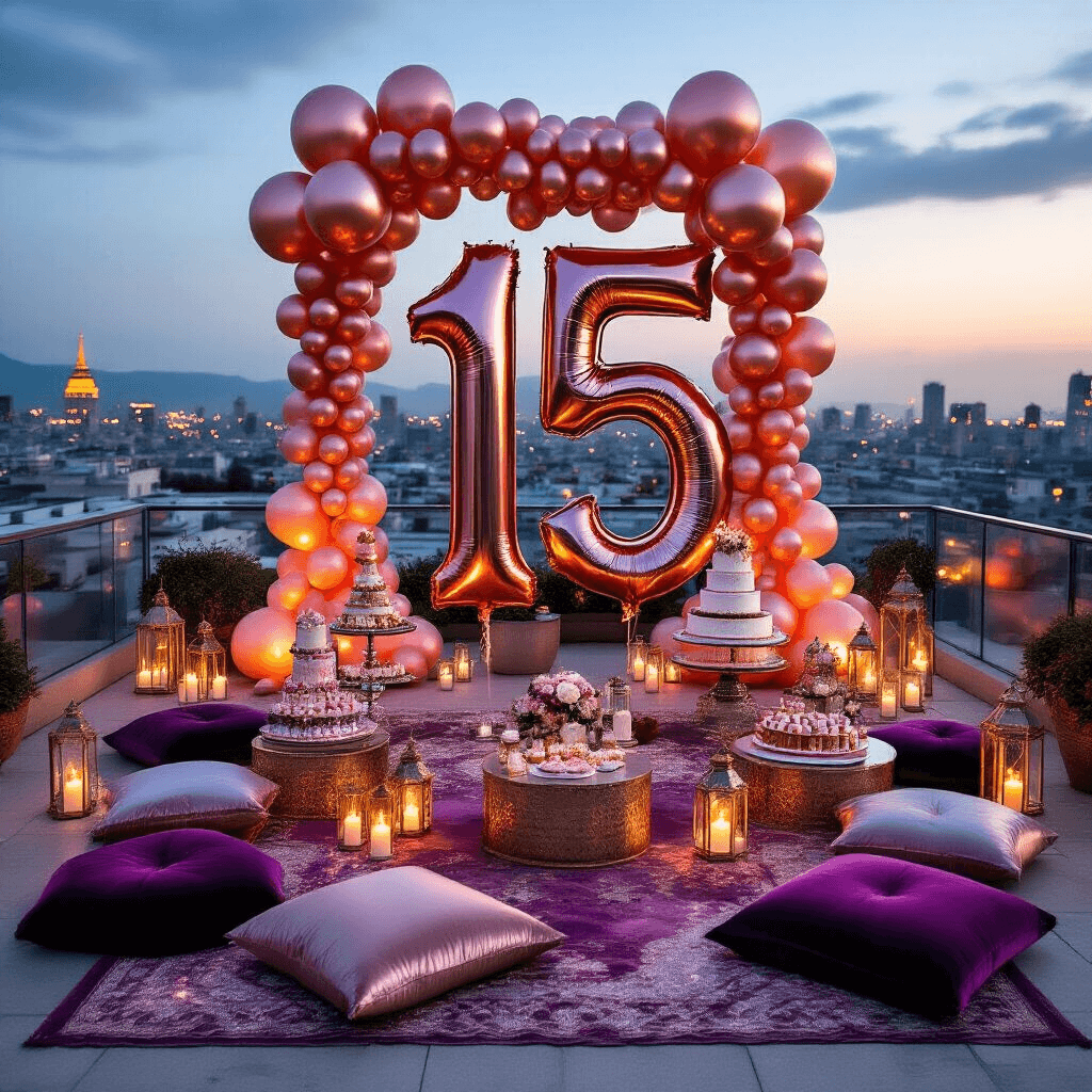 15 Balloons: Everything You Need to Know About Picking, Styling, and Celebrating With These Party Essentials Overhead view of a quinceañera celebration on a rooftop terrace, featuring giant metallic '15' balloons, low tables with deep purple velvet cushions, cascading rose gold and holographic balloons, Moroccan lanterns, and elaborate dessert stands, all with a twinkling city skyline in the background.