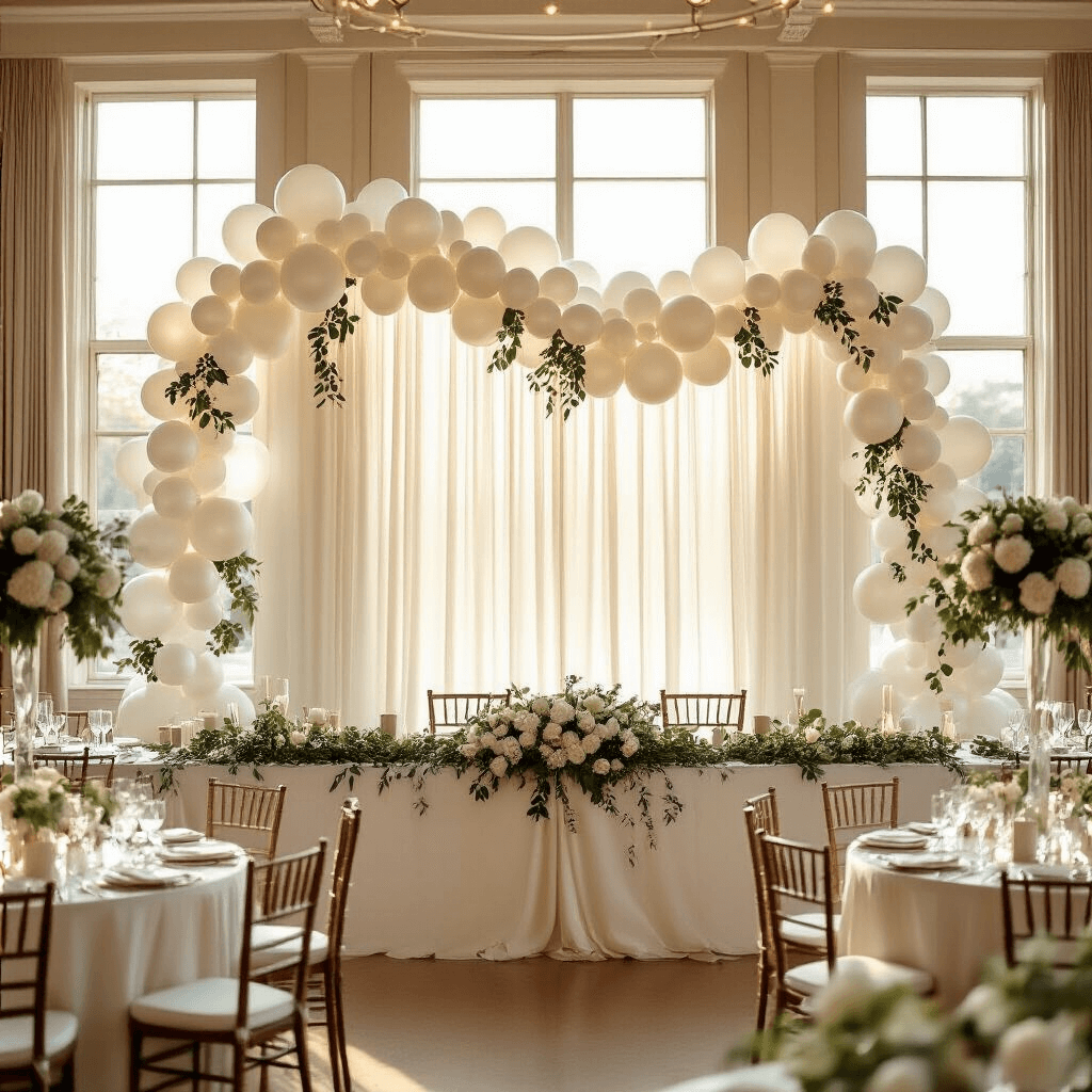 White Balloons: Everything I've Learned About Choosing and Using Them for Stunning Celebrations Overhead view of an elegant indoor ballroom at golden hour, featuring a dramatic white balloon garland behind the head table, surrounded by round tables dressed in ivory silk linens, low arrangements of white florals, and softly lit with natural light and candle glow.