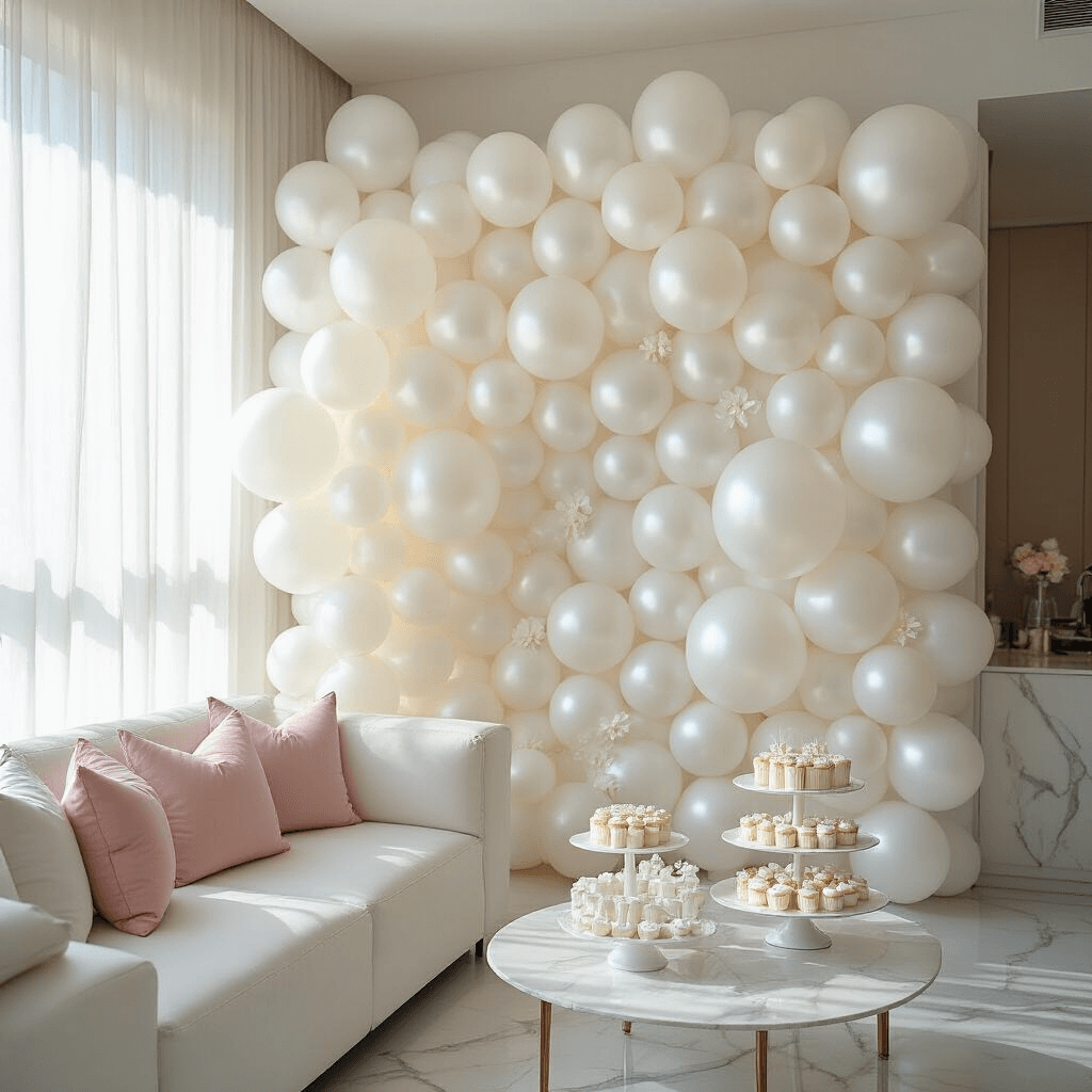 White Balloons: Everything I've Learned About Choosing and Using Them for Stunning Celebrations Wide-angle view of a modern apartment decorated for a sweet sixteen celebration, featuring an 8-foot wide white balloon wall, floating helium balloons, and a white dessert cart with tiered cake stands, all illuminated by soft morning light.