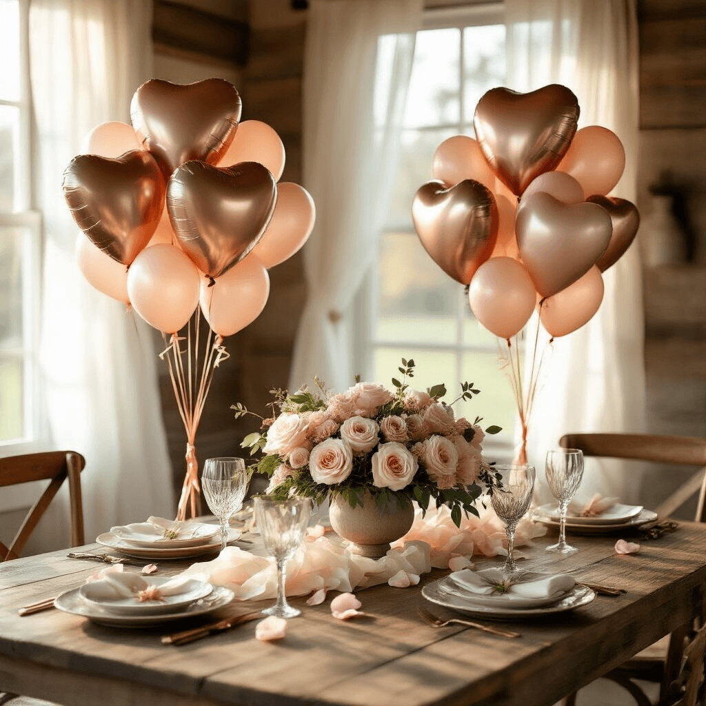 Valentine's Day Balloons: Your Complete Guide to Creating Heart-Stopping Romantic Decor A photorealistic wide-angle shot of an intimate dining room during golden hour, featuring a rustic wooden table with a sophisticated balloon centerpiece, flanked by balloon bouquets. Soft sunlight filters through sheer curtains, casting a warm glow over the vintage table setting adorned with ceramic plates, crystal glassware, and rose petals, while a delicate balloon garland arch and heart-shaped foil balloons enhance the romantic atmosphere.
