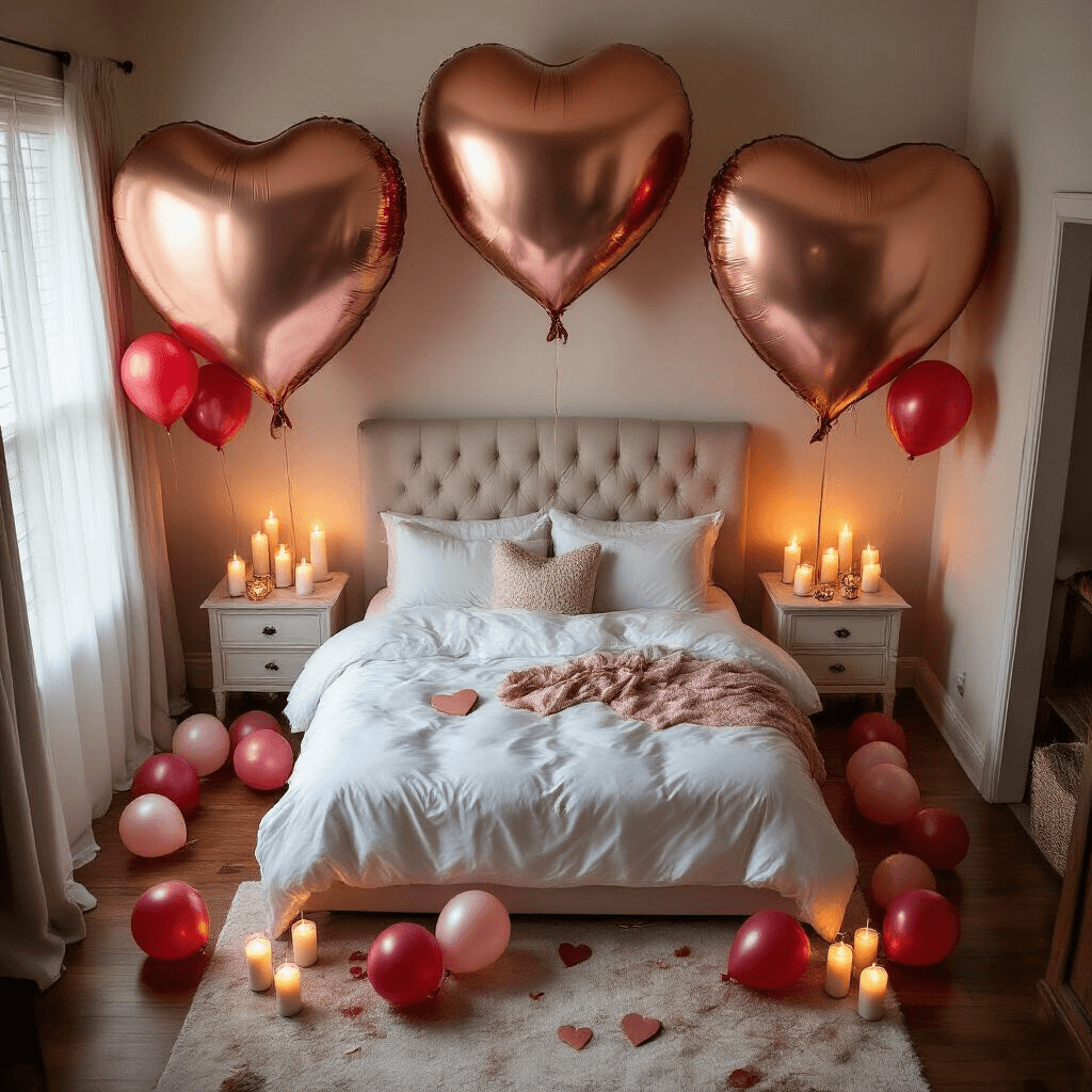 Valentine's Day Balloons: Your Complete Guide to Creating Heart-Stopping Romantic Decor A cozy bedroom transformed into a romantic balloon wonderland, featuring a king-size bed with white silk linens and massive rose gold heart balloons. The space is illuminated by warm candlelight, with clusters of red and pink latex balloons and heart-shaped foil balloons scattered on hardwood floors, each attached to love notes. Fairy lights wrapped around the bed frame and sheer blush curtains frame tall city skyline windows at dusk.