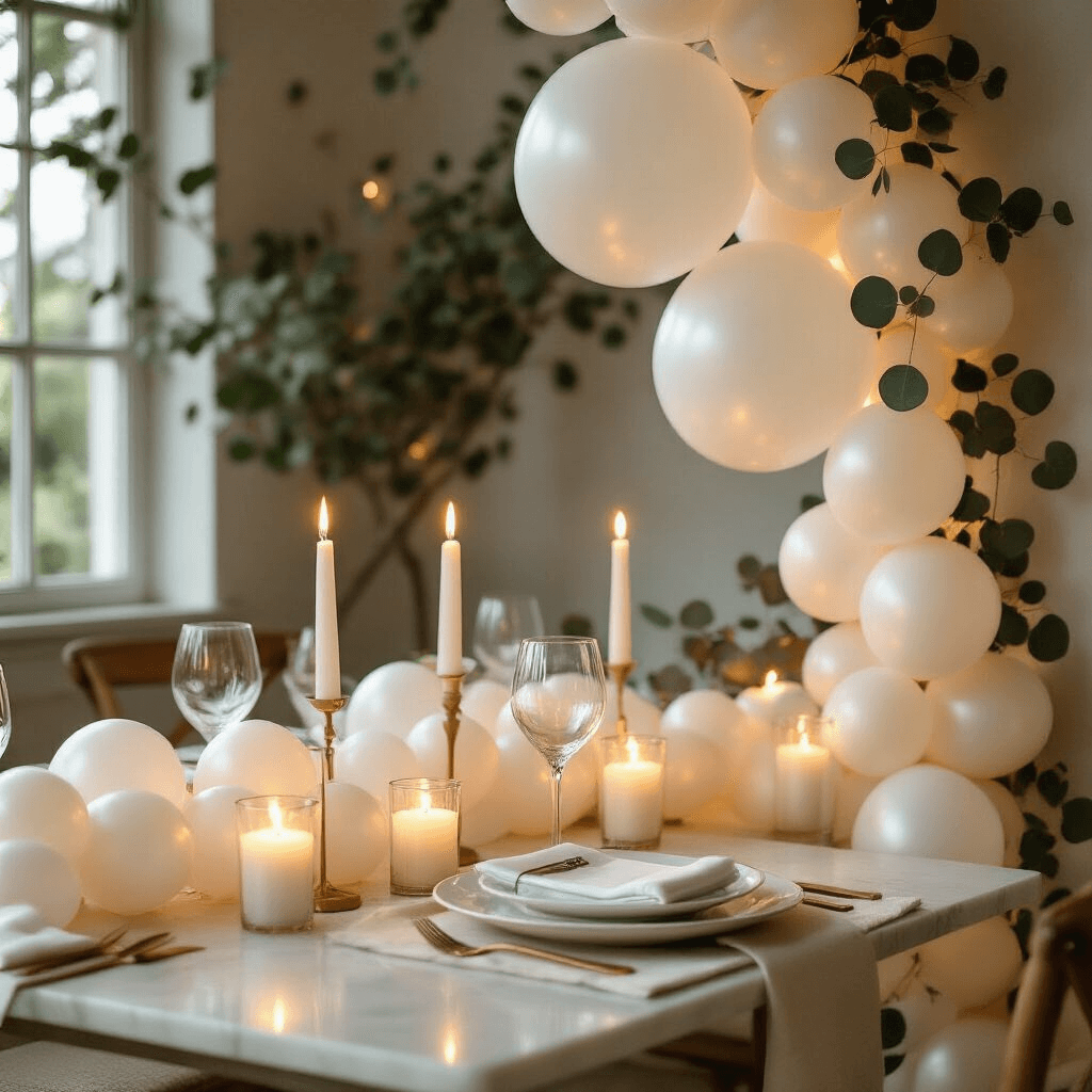 White Balloons: Everything I've Learned About Choosing and Using Them for Stunning Celebrations Close-up of an intimate candlelit dining nook featuring a white balloon garland, elegant place settings on a marble table, and soft lighting from pillar candles, creating a cozy atmosphere.