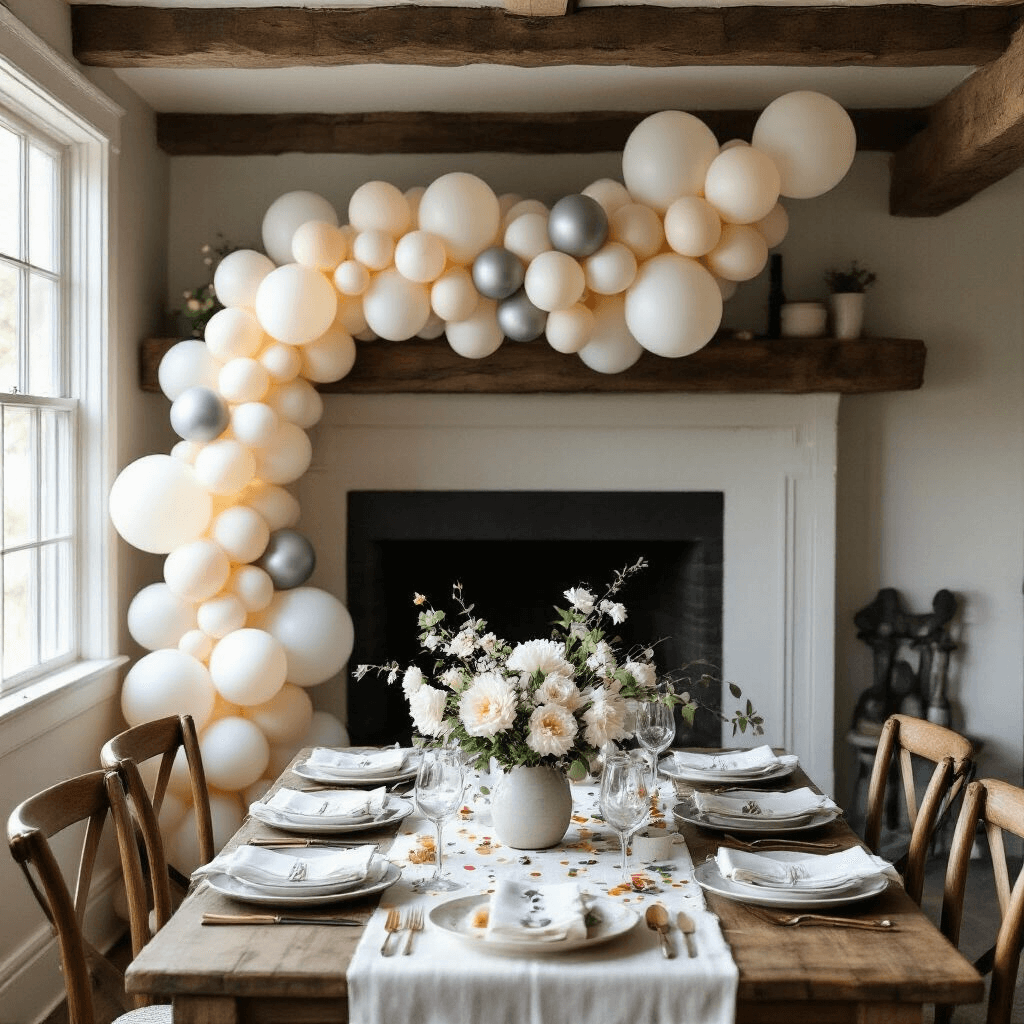 Black and Silver Balloons: Transform Any Party Into Something Special Overhead flat lay of a birthday celebration dining nook with an organic balloon garland, rustic wood beams, modern black and silver accents, confetti-filled balloons, fresh white florals, and elegant table settings.