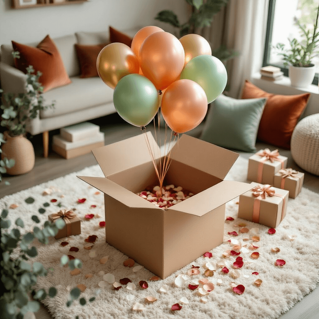 Balloon Photography: How I Learned to Capture Explosive Moments and Floating Giants Overhead shot of a surprise balloon box reveal in a modern living room, featuring terracotta, sage green, and gold balloons, scattered rose petals, letter boards, and wrapped gifts, all beautifully illuminated by soft morning light.