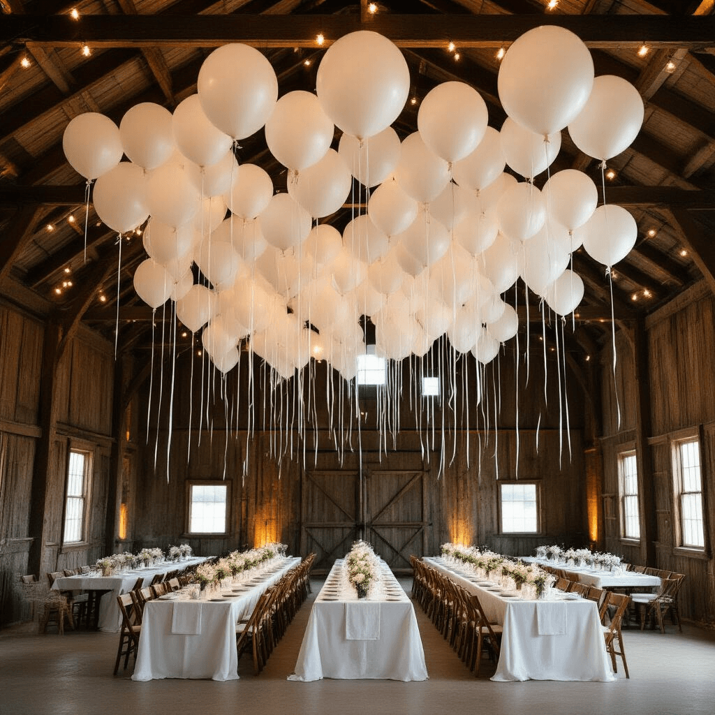 White Balloons: Everything I've Learned About Choosing and Using Them for Stunning Celebrations Cinematic wide shot of a rustic barn at night, featuring a dramatic white balloon ceiling installation with helium-filled balloons, string lights, long farm tables dressed in white linens, mason jar centerpieces with wildflowers, and white folding chairs, all illuminated by soft uplighting.