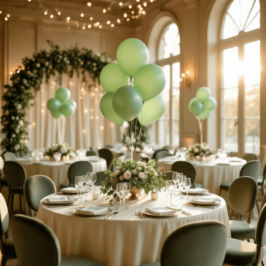 Why Engagement Party Balloons Still Make or Break Your Celebration (And How to Get Them Right) Wide-angle shot of an elegant indoor engagement party in a sunlit ballroom with a sage green and cream color palette, featuring round tables with silk ivory linens, floating sage green latex balloons, and a 30-inch diamond ring foil balloon as the centerpiece, surrounded by fresh eucalyptus garlands, crystal glassware, and overhead fairy lights. Guests mingle under warm sunlight streaming through tall windows, creating a festive atmosphere.