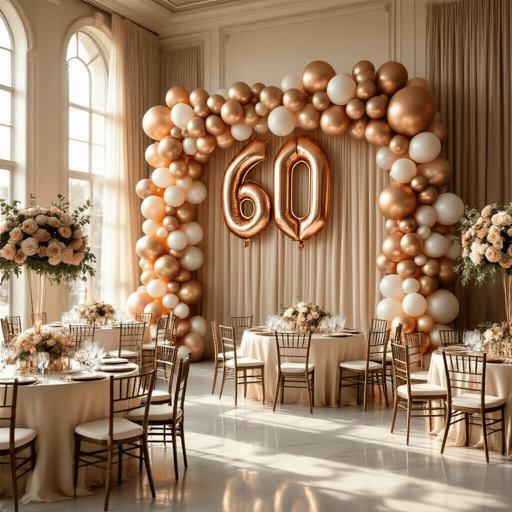 Balloon Magic for a 60th Birthday That Won't Make You Feel Old Elegant indoor ballroom set for a sophisticated 60th birthday celebration, featuring rose gold foil number balloons, a lush balloon garland, silk ivory table linens, and low centerpieces of blush roses and eucalyptus, all illuminated by warm natural sunlight.