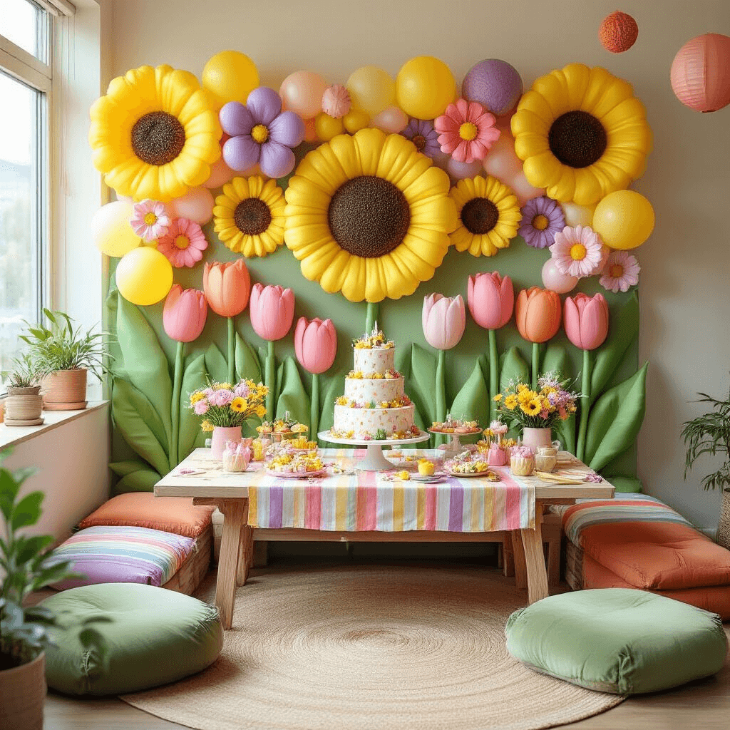 Floral Balloons: Everything You Need to Know About These Gorgeous Party Essentials Overhead view of a whimsical garden-themed children's birthday party in a modern living room, featuring a DIY balloon flower wall, a tiered birthday cake on a picnic-style table with colorful linens, cozy floor cushions, and pastel paper lanterns and streamers.