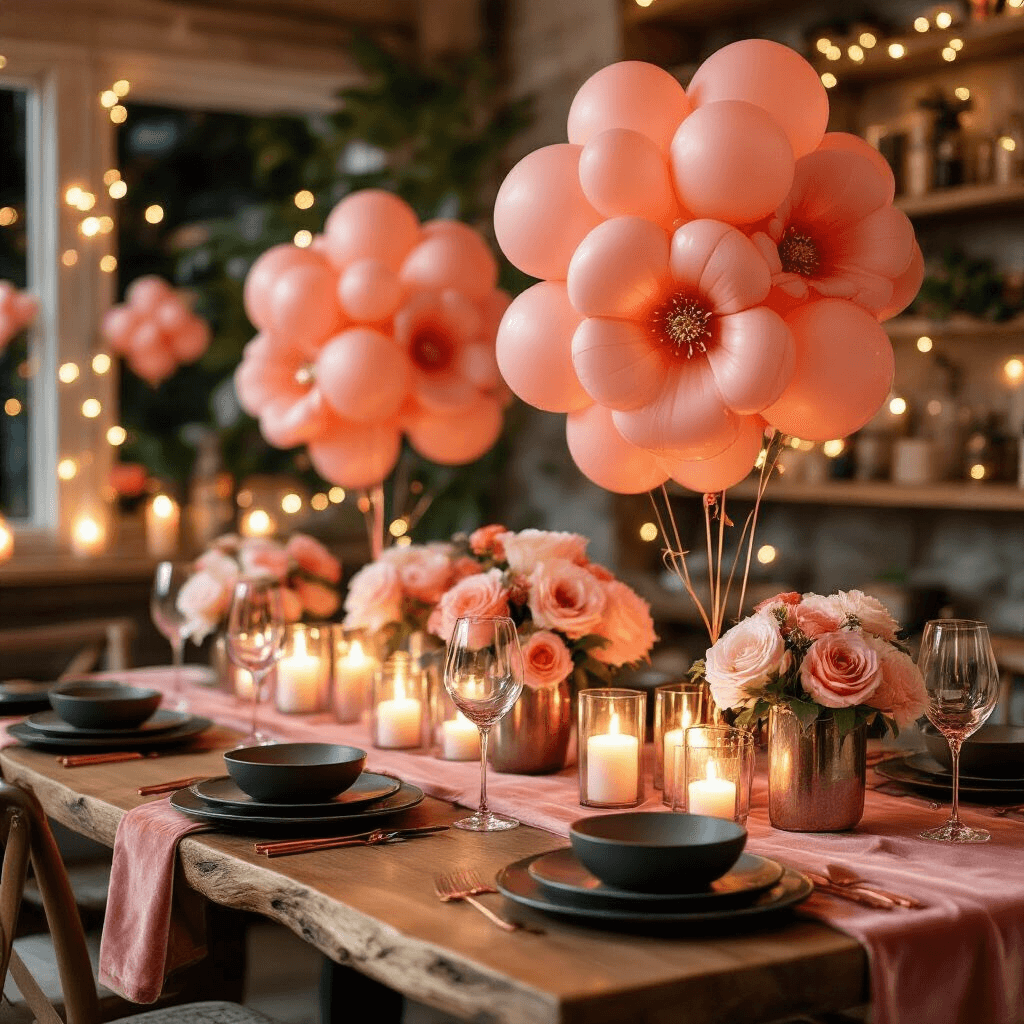 Floral Balloons: Everything You Need to Know About These Gorgeous Party Essentials Close-up detail of an elegant adult birthday celebration in a cozy nook, featuring coral and peach balloon flowers on a live-edge walnut table, illuminated by pillar candles and copper wire fairy lights, with dusty rose velvet runners and modern matte black dinnerware.