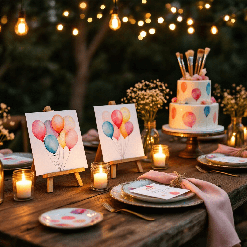 How to Paint Watercolor Balloons That Actually Look Like They're Floating Off the Page Close-up of a romantic birthday dining nook featuring rustic wood table with watercolor balloon art, vintage china, and a three-tiered cake, all illuminated by candlelight and fairy lights.