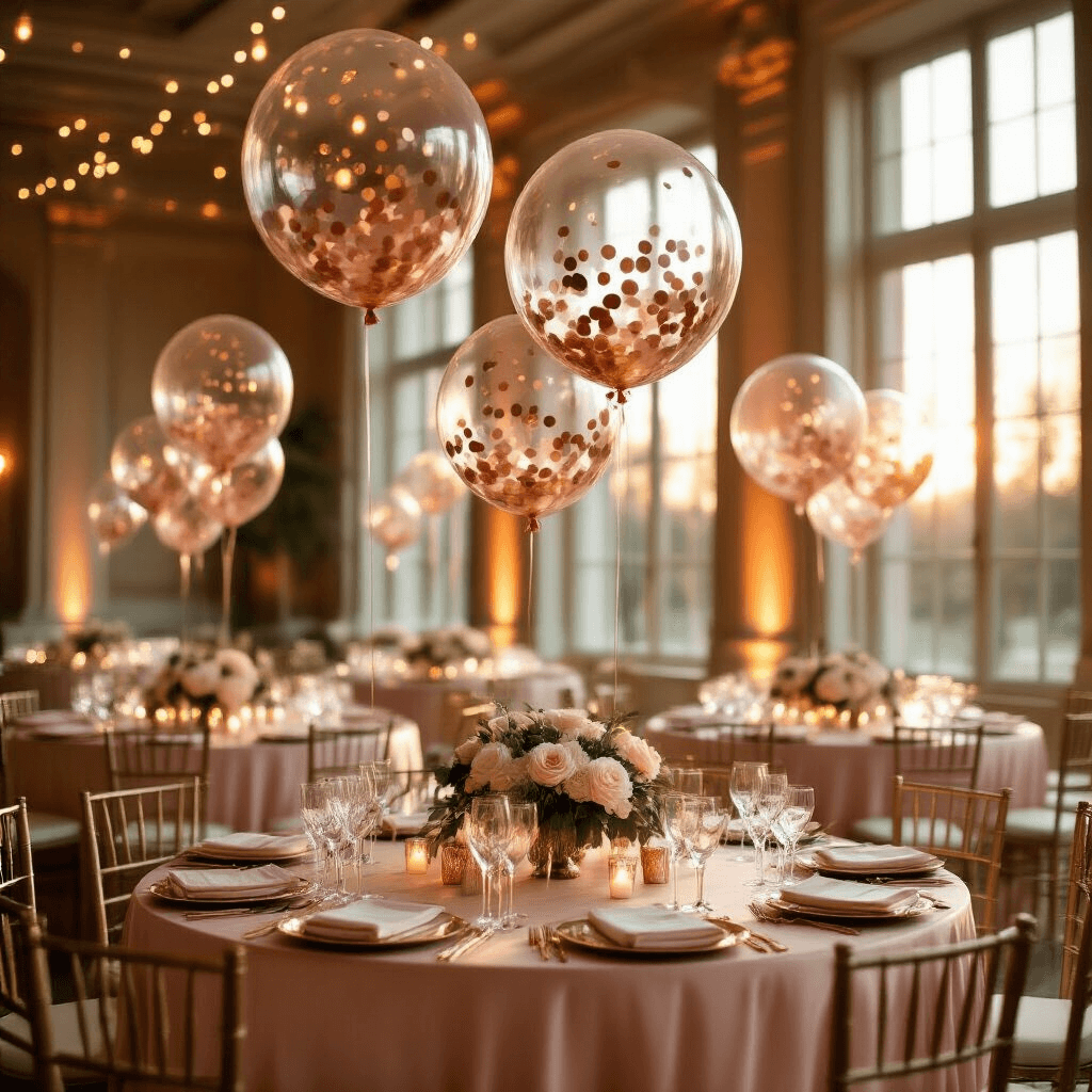 Bobo Balloons: Everything You Need to Know About These Show-Stopping Party Decorations An elegant ballroom during golden hour, featuring 18-inch clear bobo balloons filled with rose gold confetti floating above round tables draped in blush pink silk linens, with warm LED string lights and cream roses, all reflecting soft sunlight on ivory marble floors.
