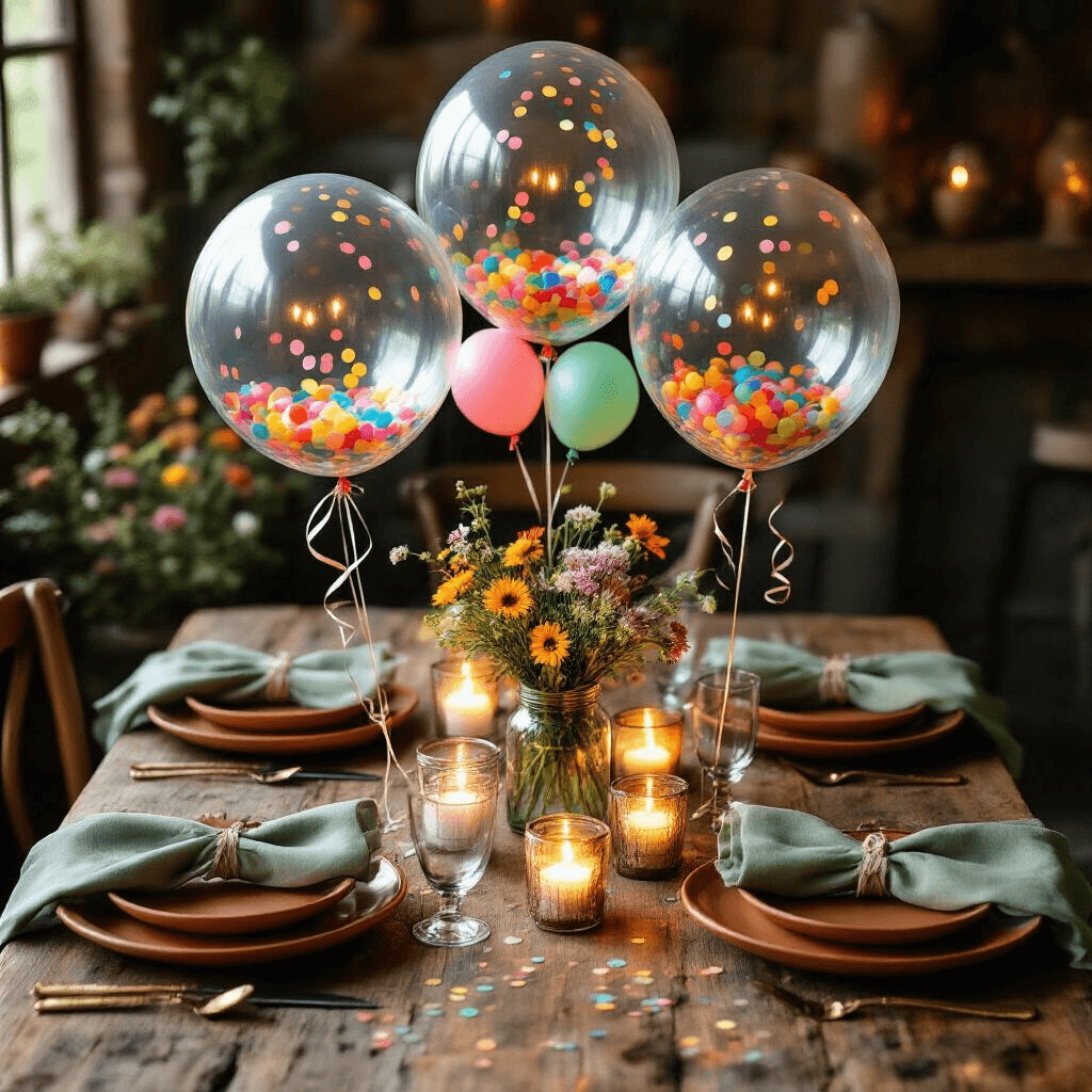 Bobo Balloons: Everything You Need to Know About These Show-Stopping Party Decorations Overhead flat lay of a cozy candlelit dining nook featuring three clear bobo balloons with rainbow confetti as a centerpiece on a rustic wood table, adorned with terracotta plates, sage green napkins, and wildflowers in mason jars, illuminated by soft candlelight and string lights.