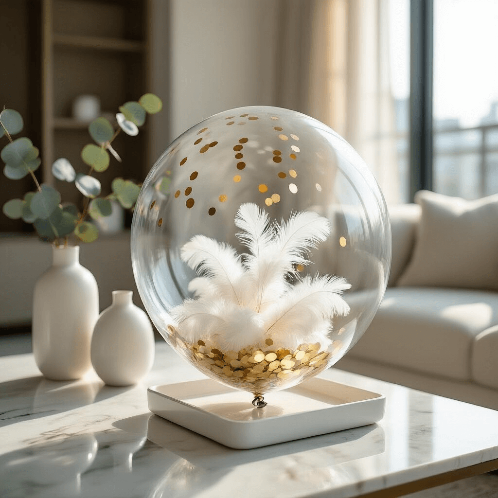 Bobo Balloons: Everything You Need to Know About These Show-Stopping Party Decorations Close-up of a modern apartment living room, showcasing a 20-inch clear bobo balloon filled with white feathers and gold confetti on a marble coffee table, with soft morning light illuminating the space and reflections on the balloon's surface.