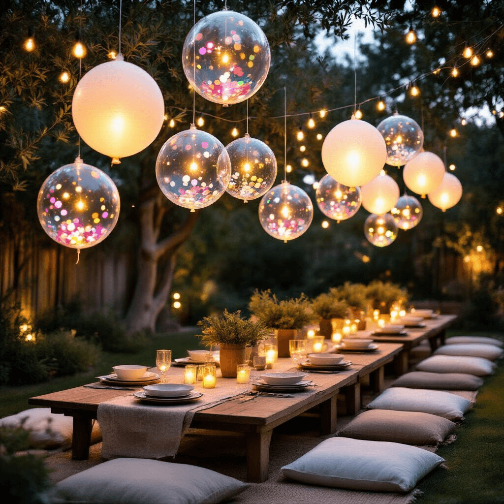 Bobo Balloons: Everything You Need to Know About These Show-Stopping Party Decorations A wide shot of a chic backyard garden party at dusk, featuring glowing bobo balloons filled with confetti and LED lights suspended above beautifully set low wooden tables adorned with elegant textiles, ceramic dinnerware, and brass accents, illuminated by string lights weaving through olive branches, creating a magical and bohemian atmosphere.